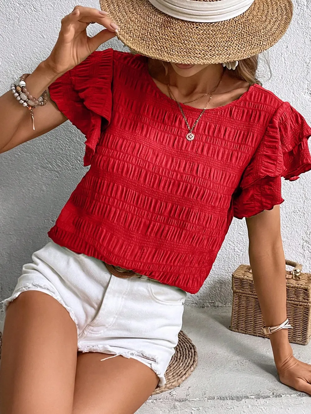 Round Neck Flounce Sleeve Blouse, image 8