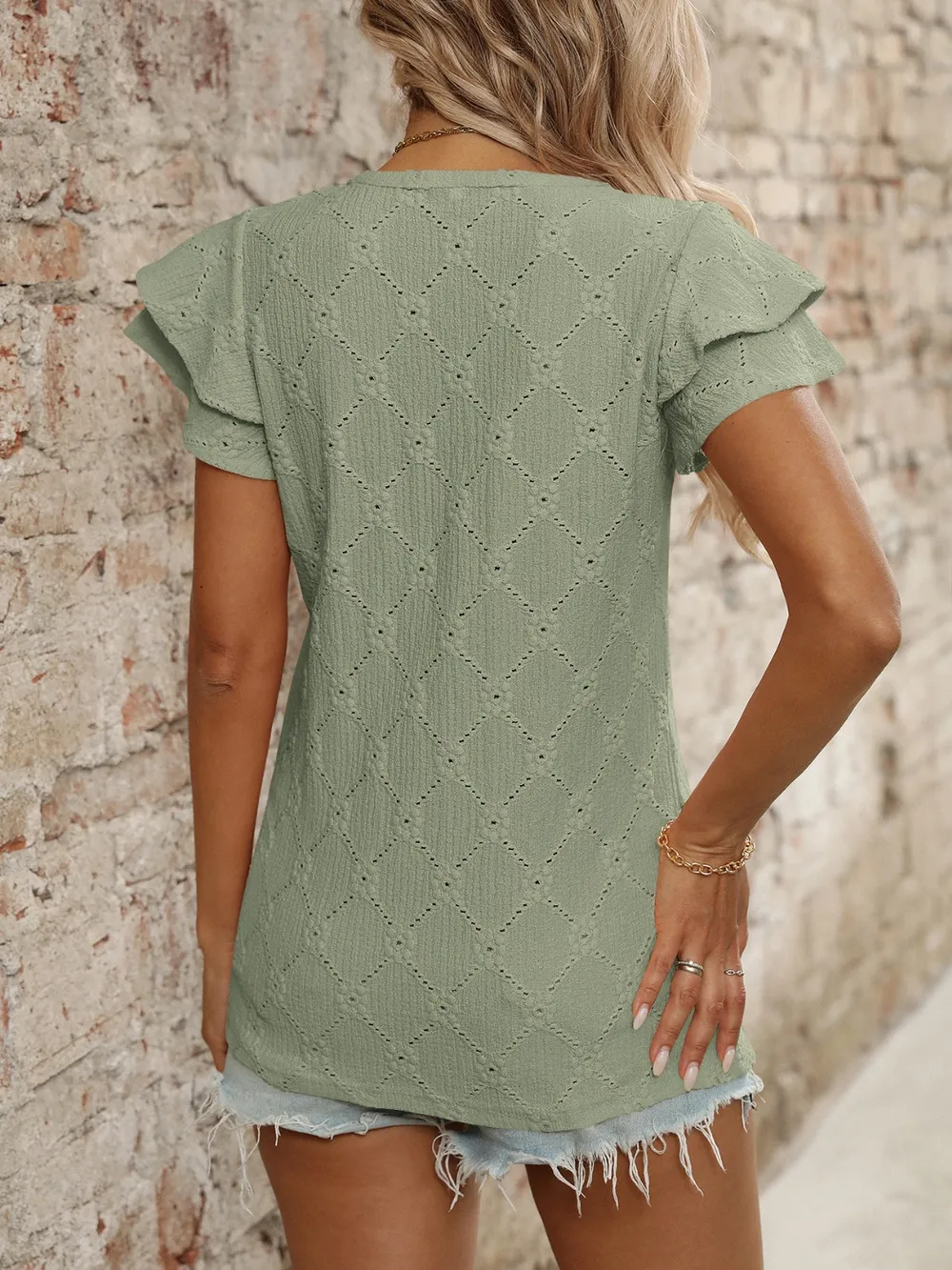Eyelet V-Neck Ruffled Cap Sleeve Top, image 26