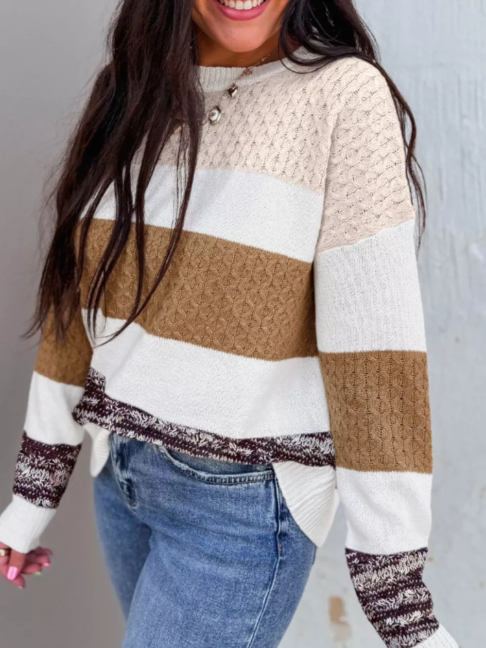Mixed Texture Knit Striped Color Block Loose Sweater