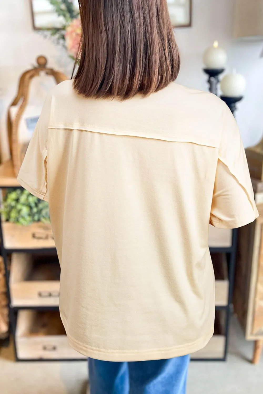 Flower Patched Exposed Stitching Trim Crew Neck Loose Tee, image 3