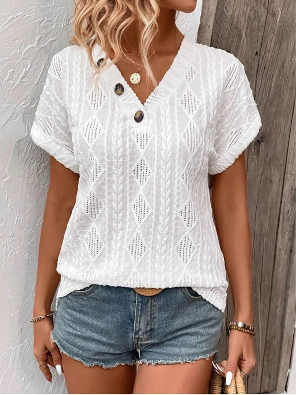 Textured V-Neck Short Sleeve Top, image 4