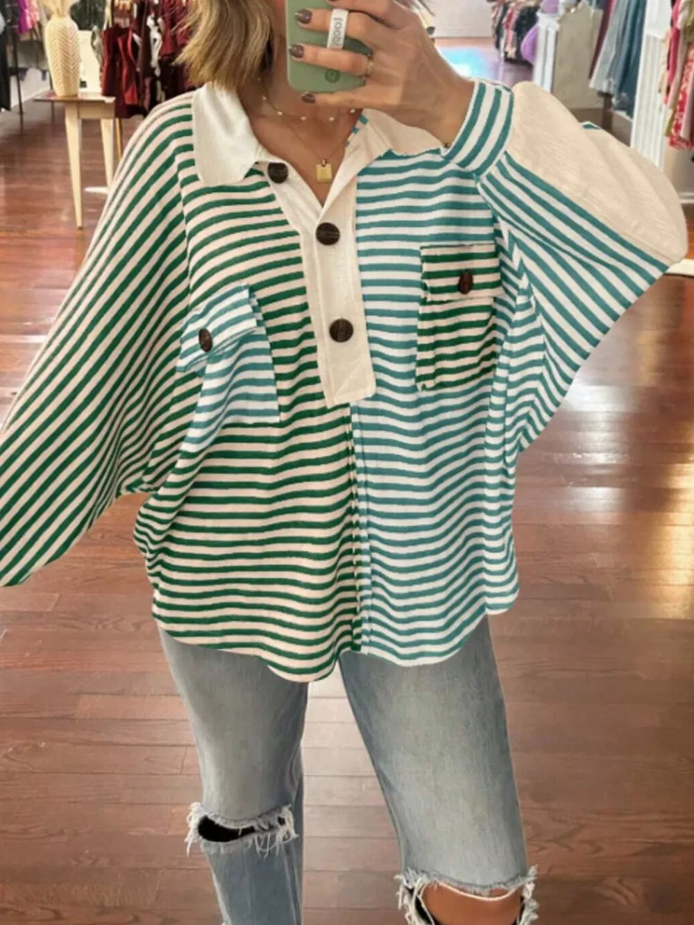 Striped Oversized Half Button Sweatshirt, image 2