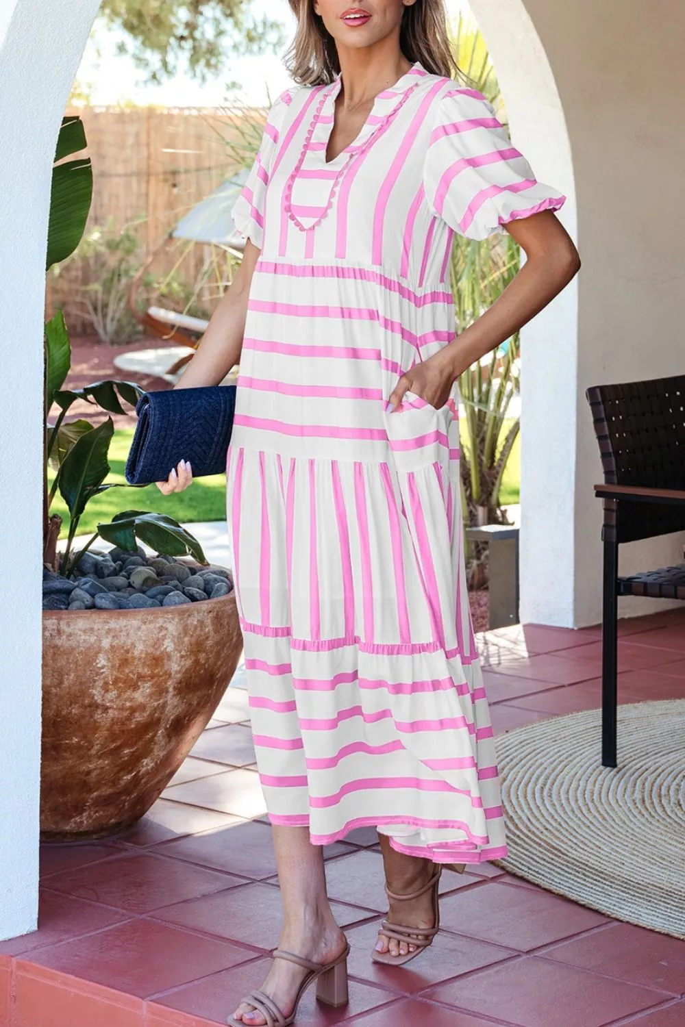 Stripe Ricrac Trim Notched Neck Half Sleeve Dress, image 8