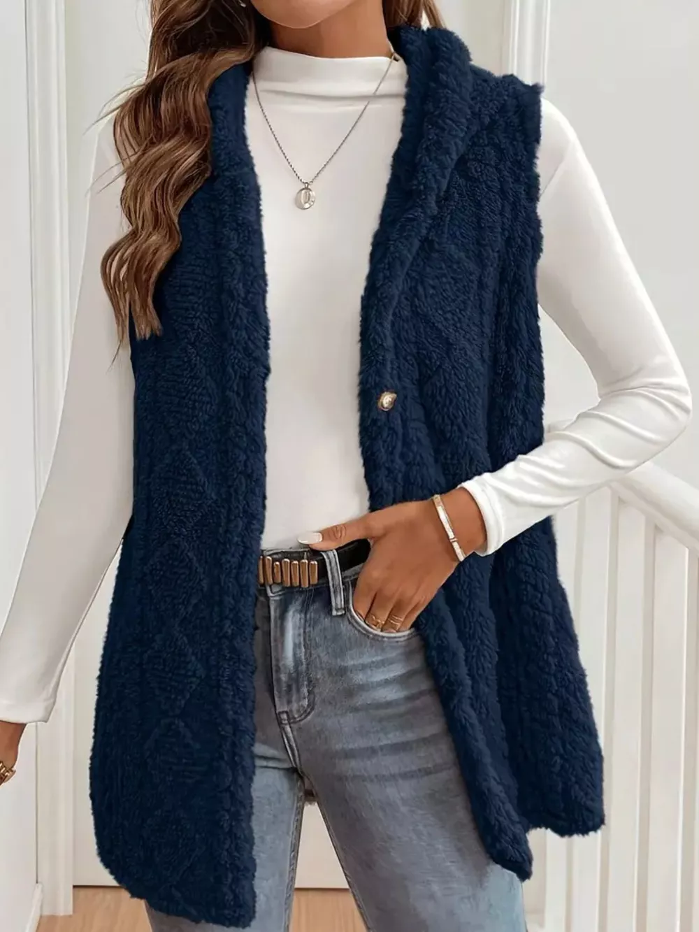 Hooded Button-Up Sherpa Vest Coat, image 5