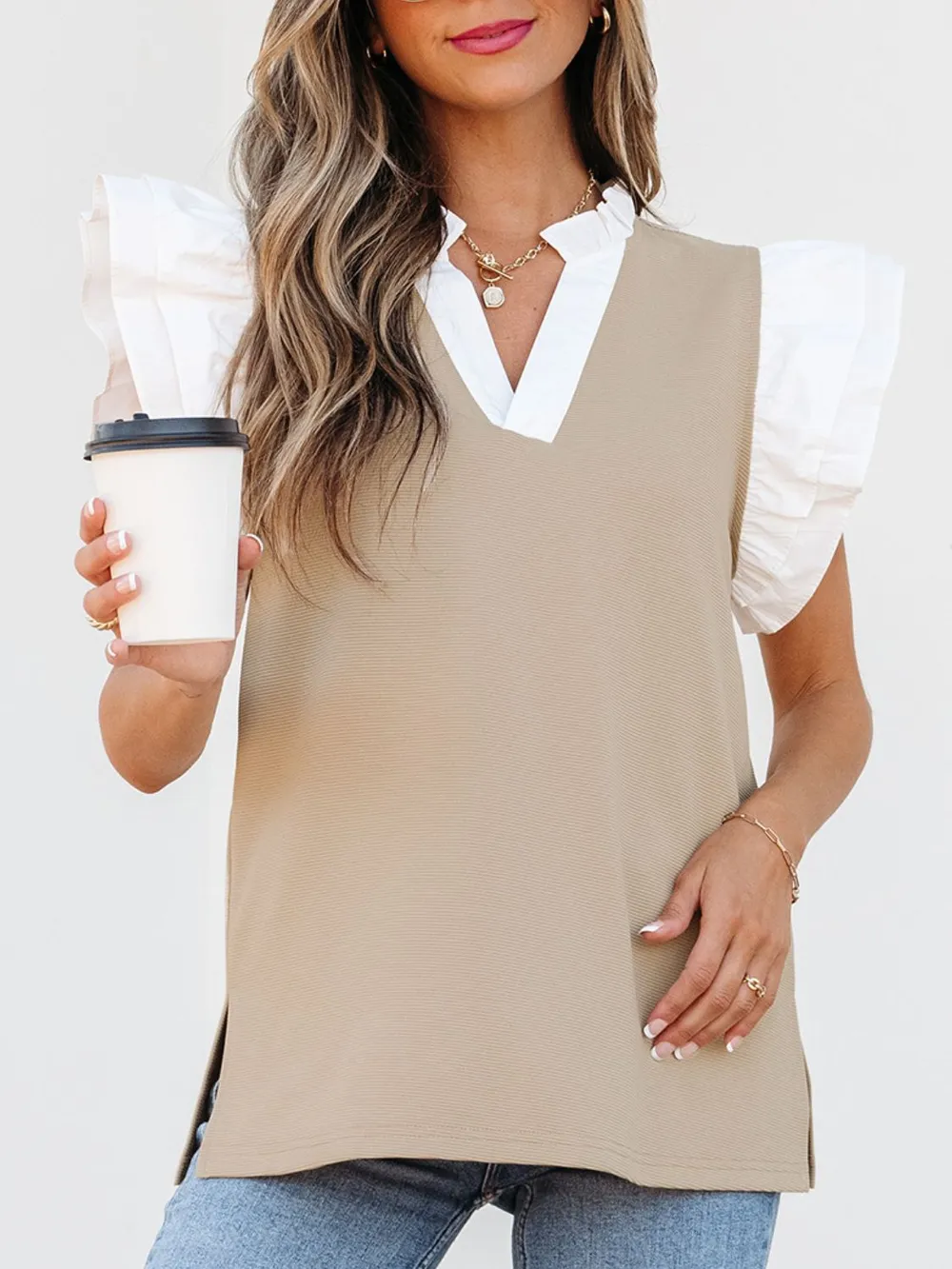 Ruffled Notched Cap Sleeve Top, image 2