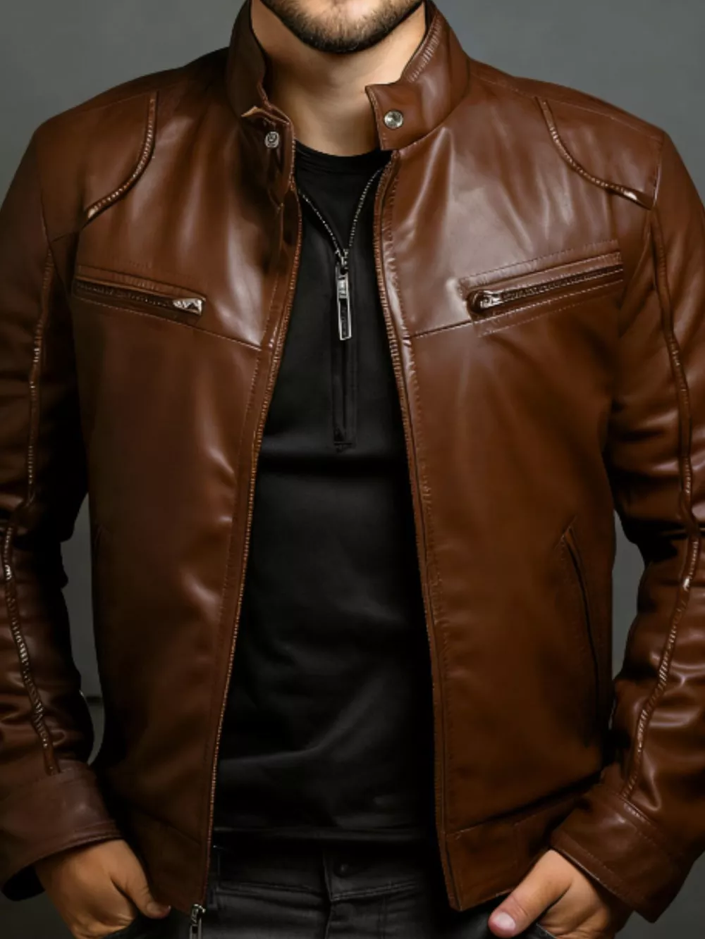 Men's Full Size Leather Motorcycle Jacket with Zipper Front Plus Size, image 4