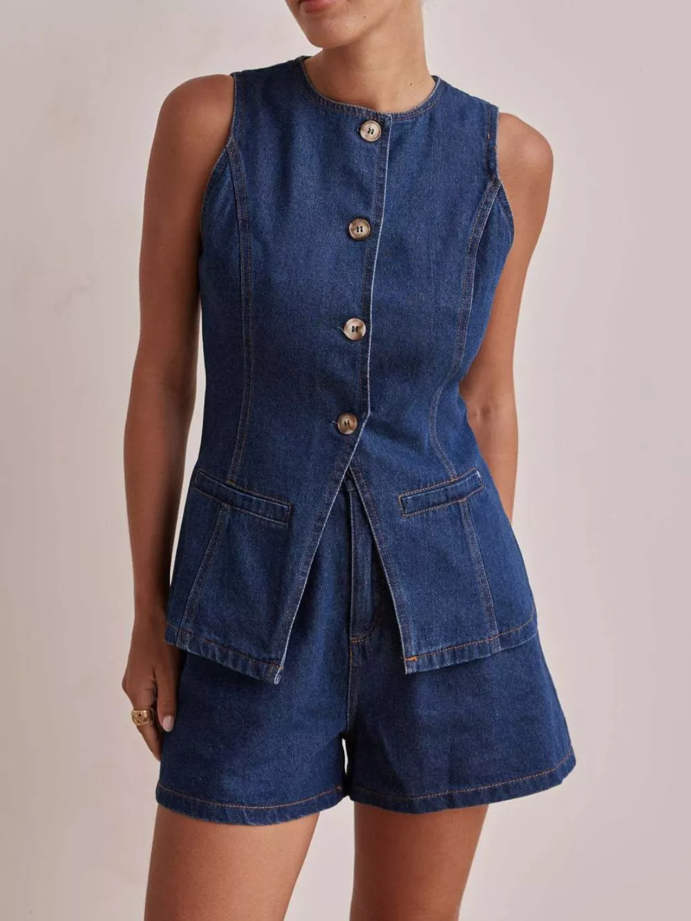 Button Down Vest and Shorts Denim Set, image 2
