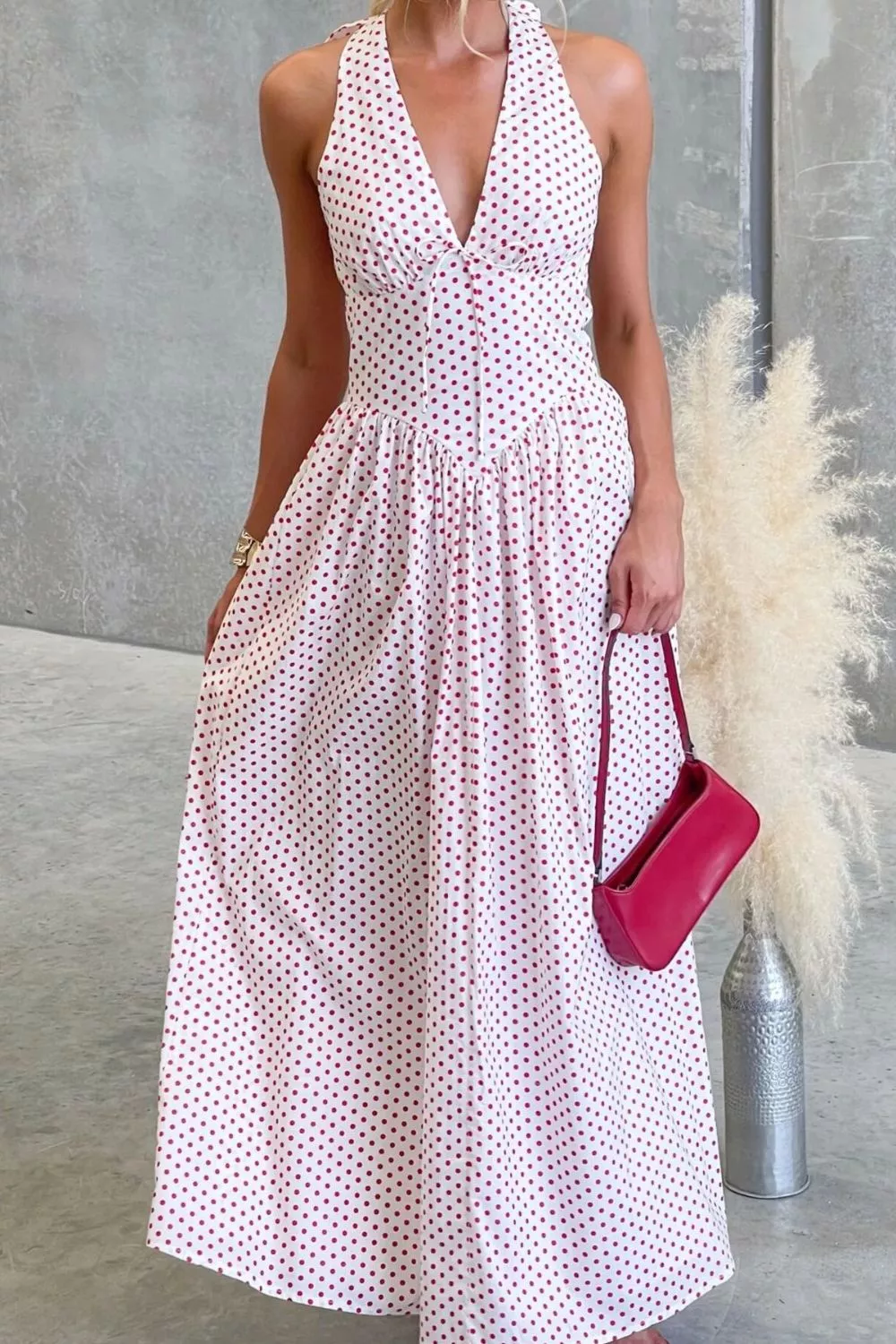 Backless Polka Dot Halter Neck Maxi Dress, image 2