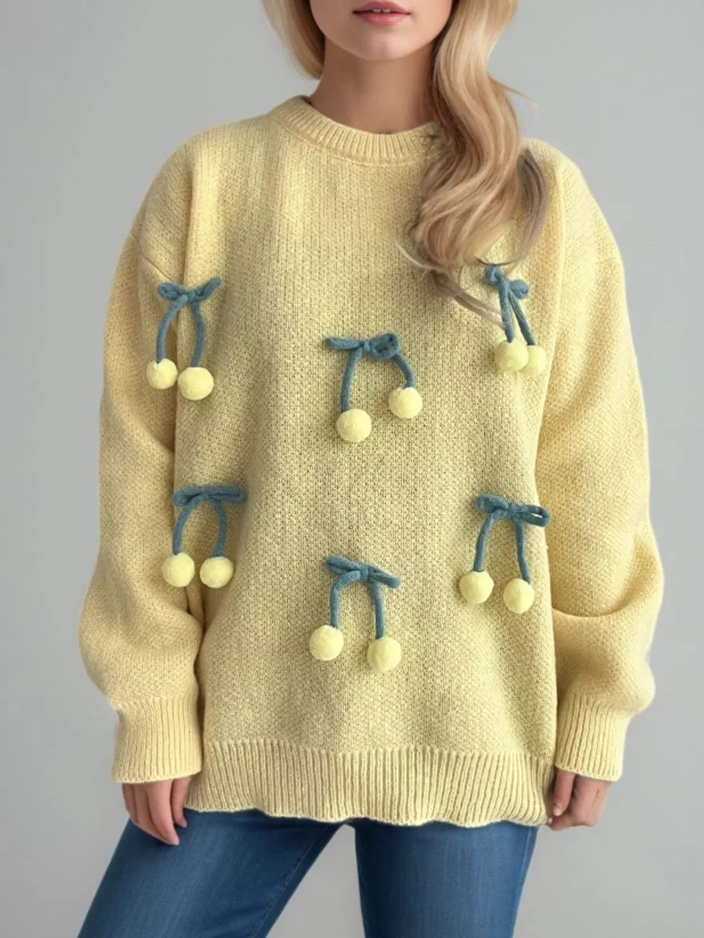 Cherry Pom-Pom Knit Round Neck Sweater, image 6