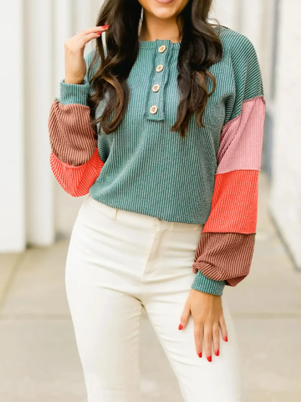 Color Block Ribbed Knit Henley Sweatshirt, image 3
