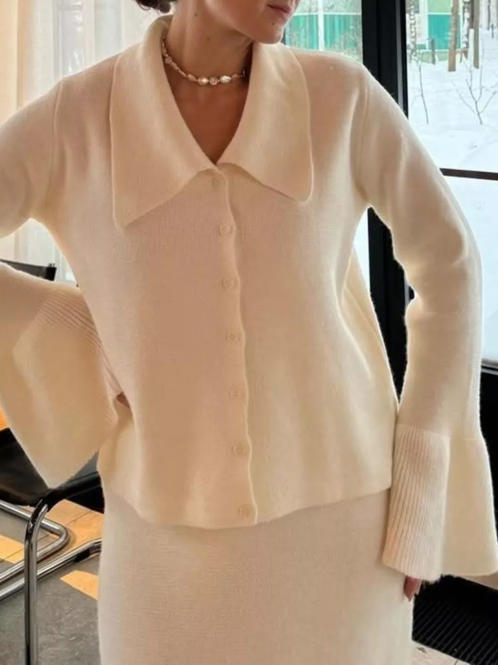 Button Down Long Sleeve Cardigan and Skirt Knit Set, image 8