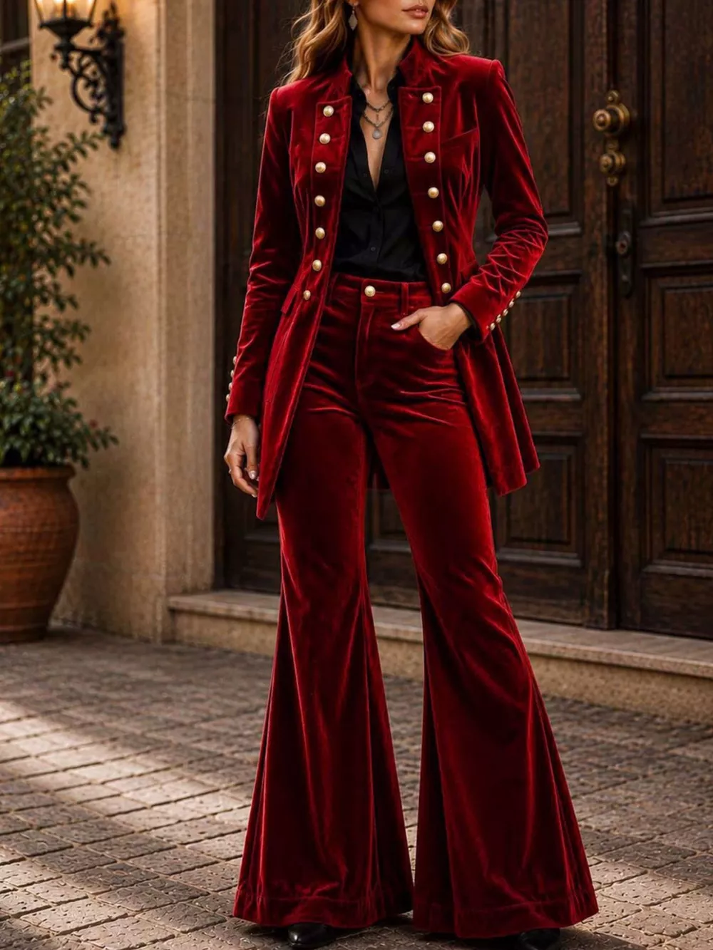Velvet Double-Breasted Blazer and Flare Pants Set, image 8