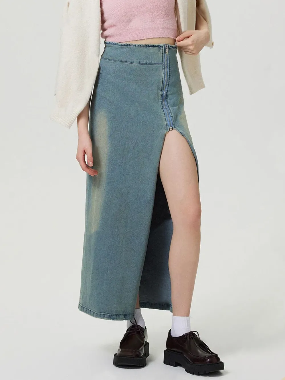 Slit Denim Skirt with Zip, image 5