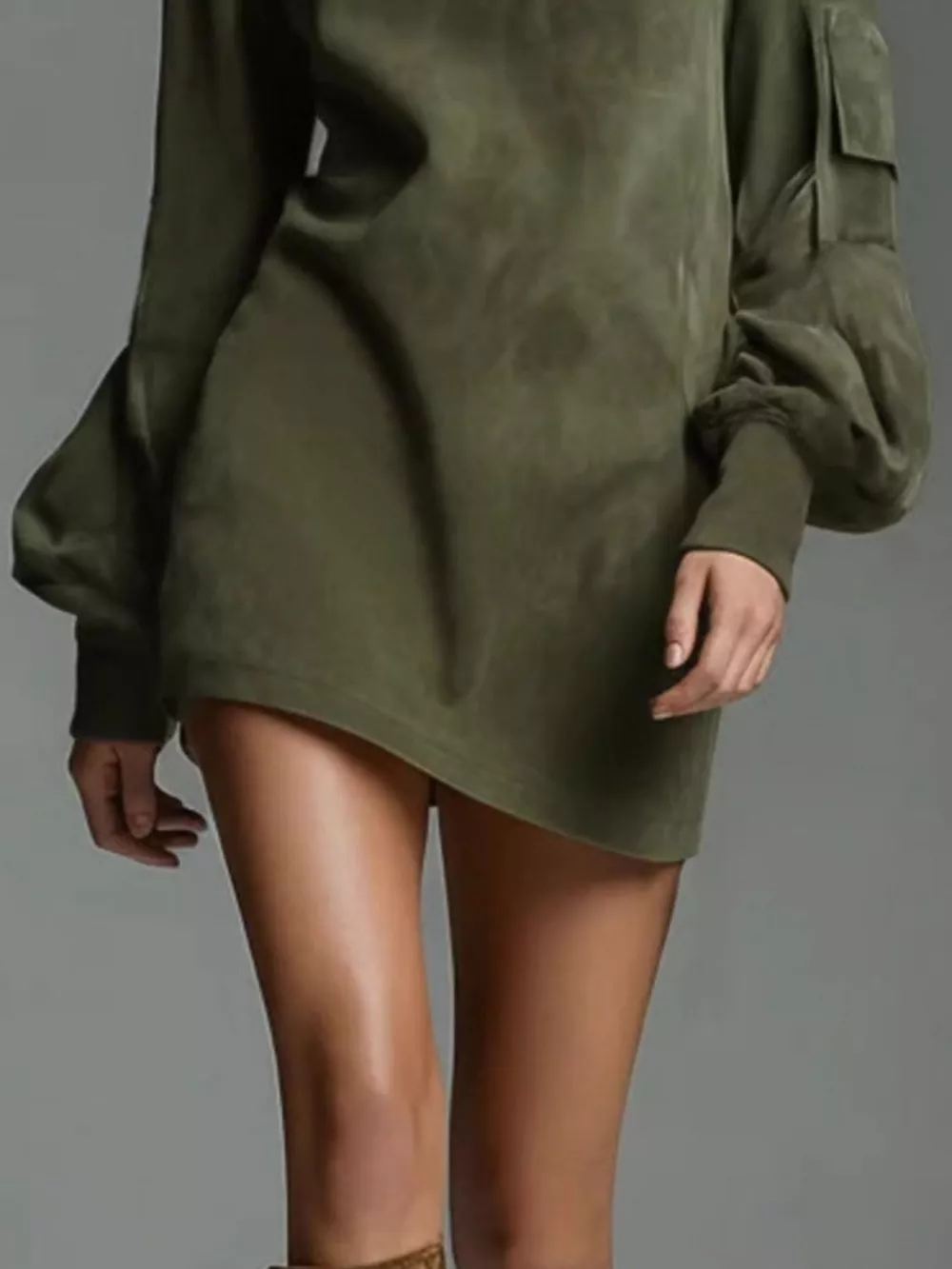 Full Size Suede Turtleneck Lantern Sleeve Mini Dress Plus Size, image 8