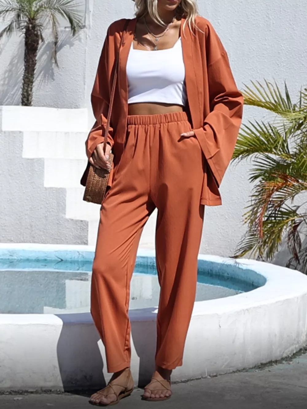 Open-Front Cardigan and Wide Leg Pants Set, image 2