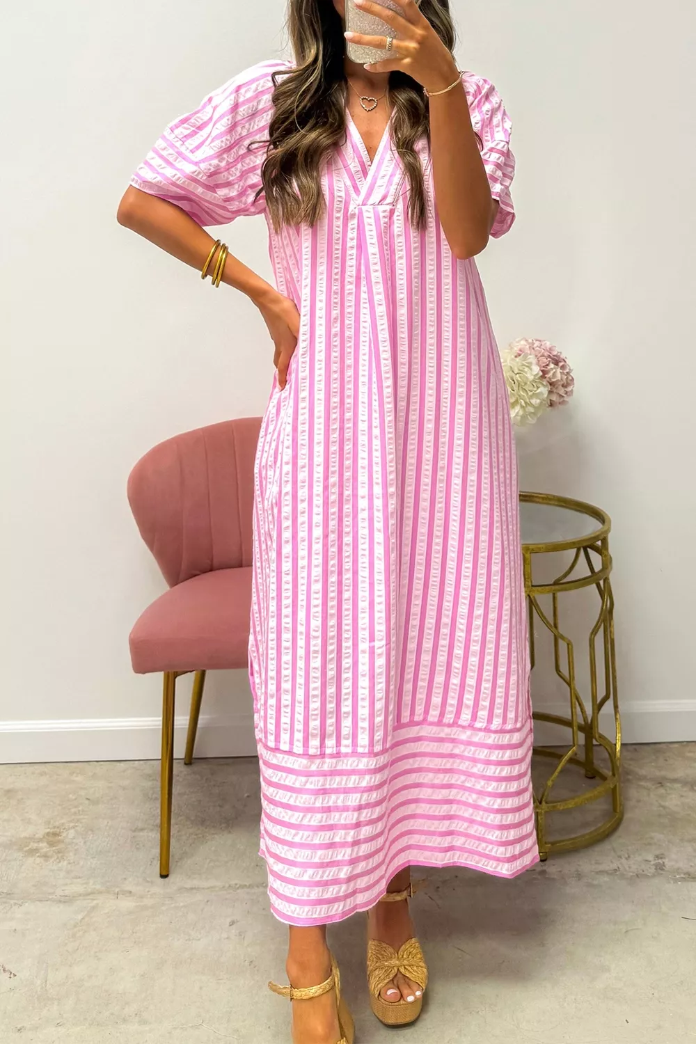 Striped V-Neck Midi Dress, image 2