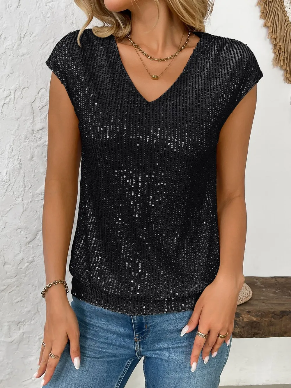 Sequin V-Neck Cap Sleeve Top, image 2