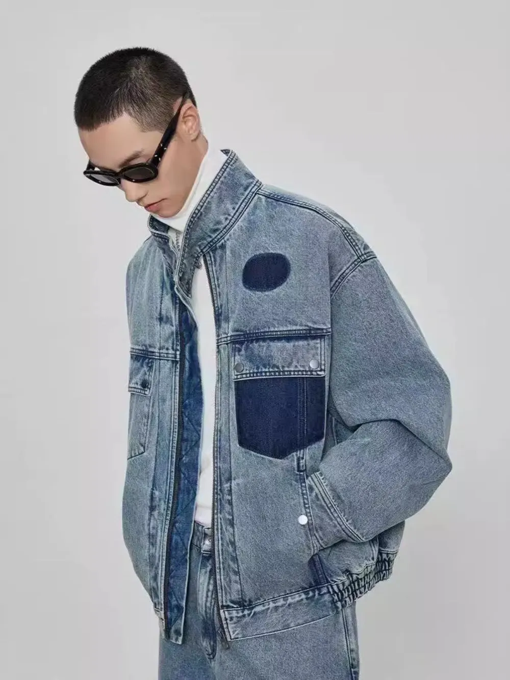 Men's Plus Size Washed Zip Up Denim Jacket, image 3