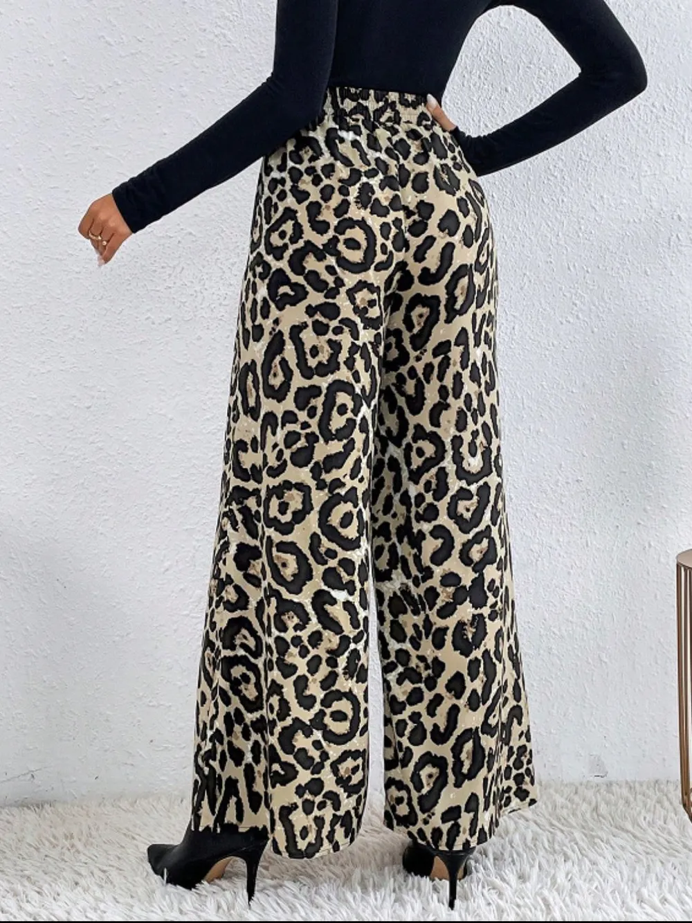 Printed Elastic Waist Wide Leg Pants, image 9
