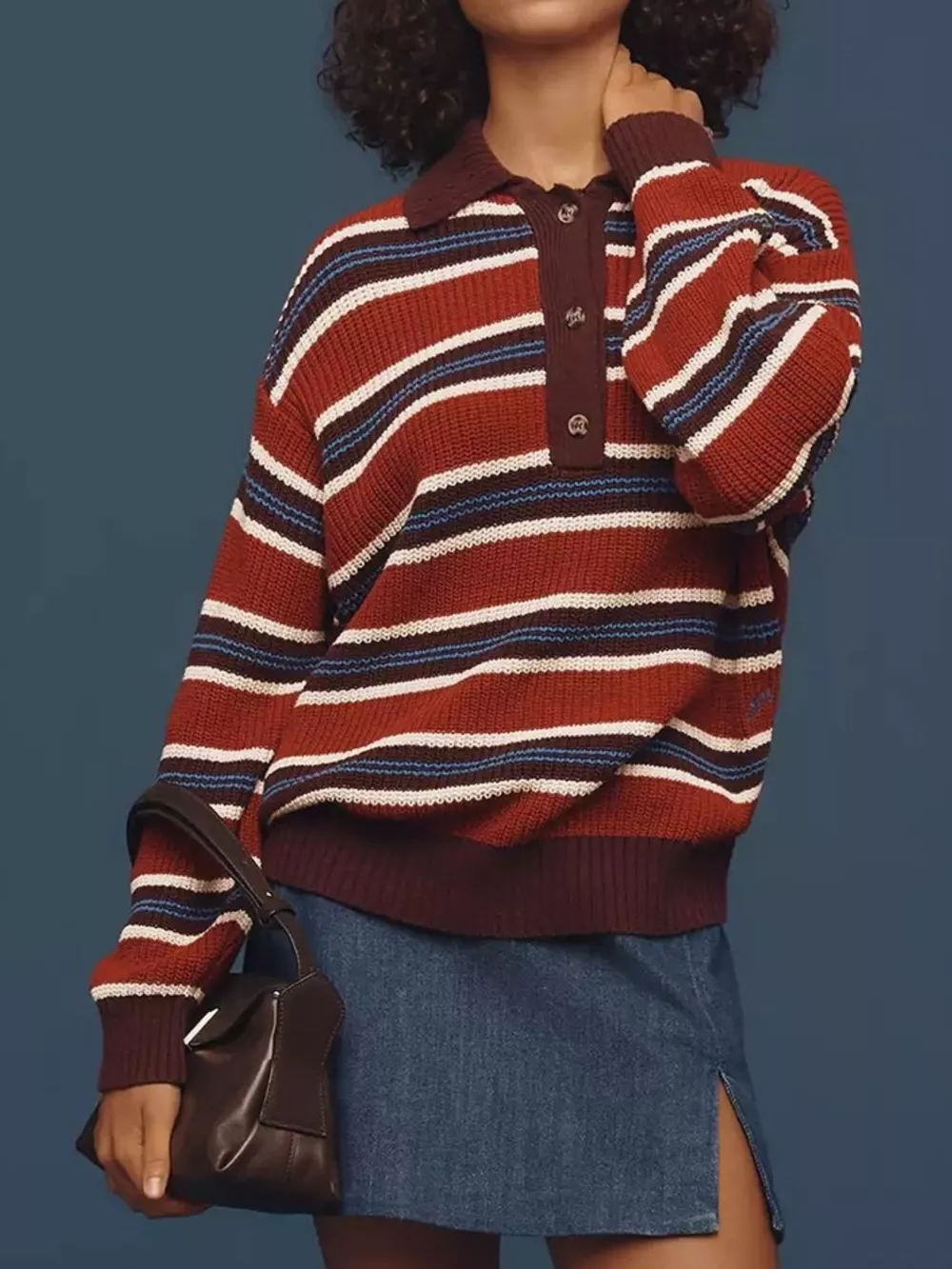 Striped Button Detail Polo Collar Sweater, image 6