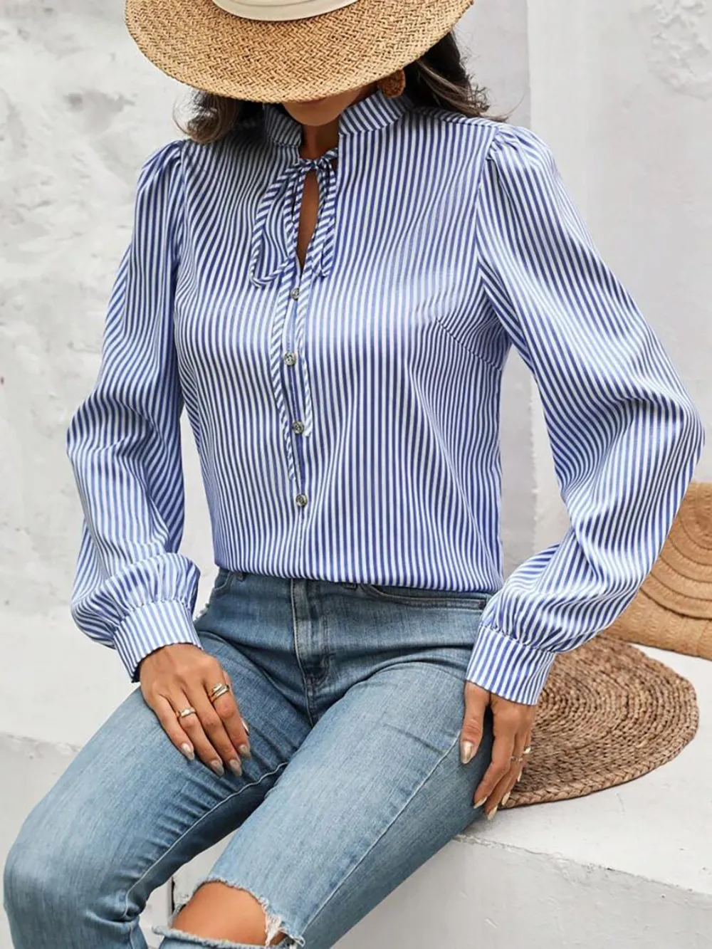 Striped Tie Neck Long Sleeve Blouse, image 16