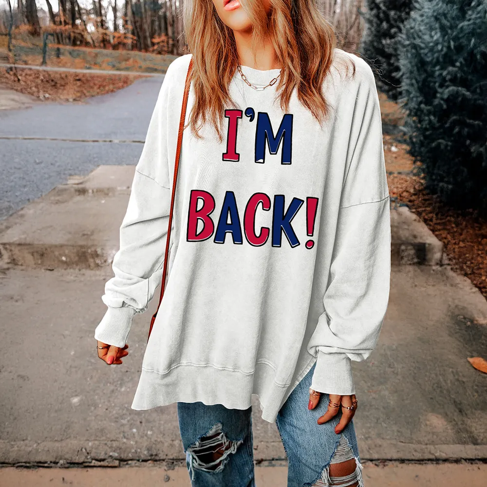 I'M BACK Slit Round Neck Long Sleeve Sweatshirt, image 2