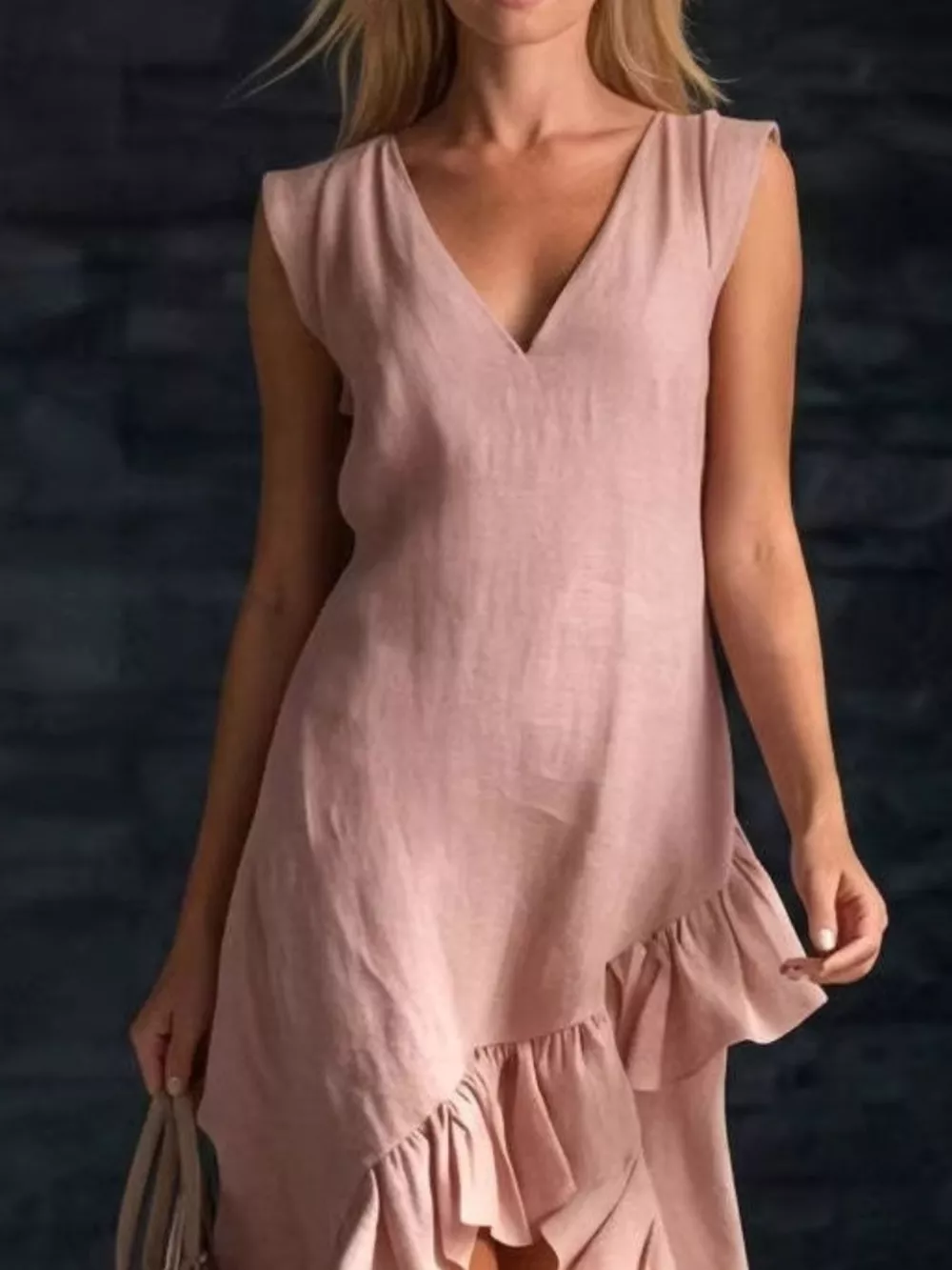 Sleeveless V-Neck Ruffle Hem High-Low Dress, image 4