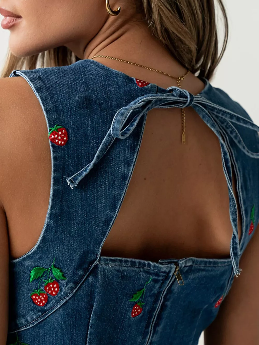 Strawberry Embroidered Sleeveless Denim Dress, image 3