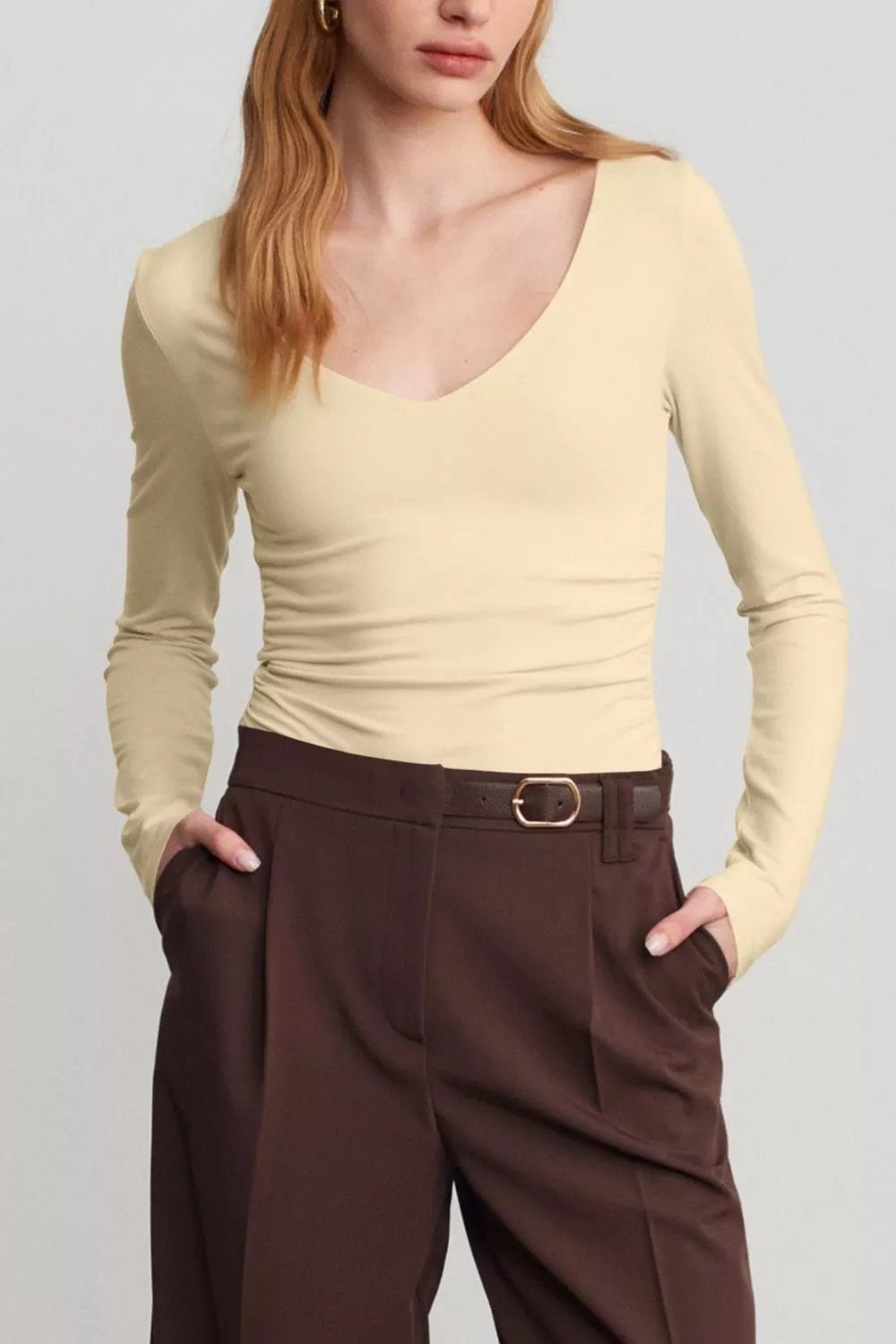 V-Neck Long Sleeve Ruched Slim-Fit T-Shirt, image 2