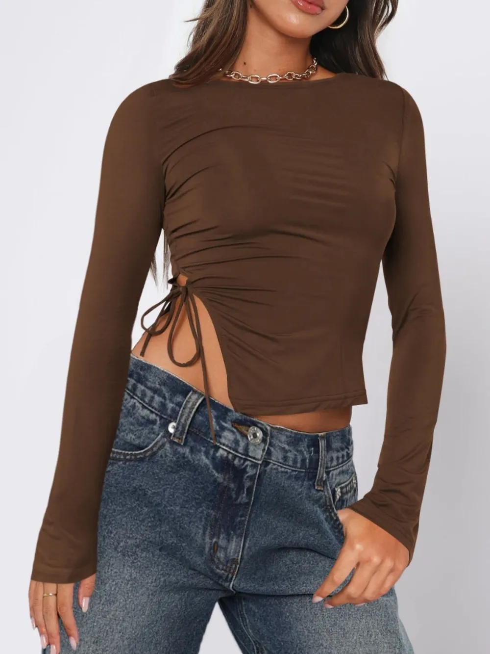 Tied Slit Round Neck Long Sleeve T-Shirt, image 11