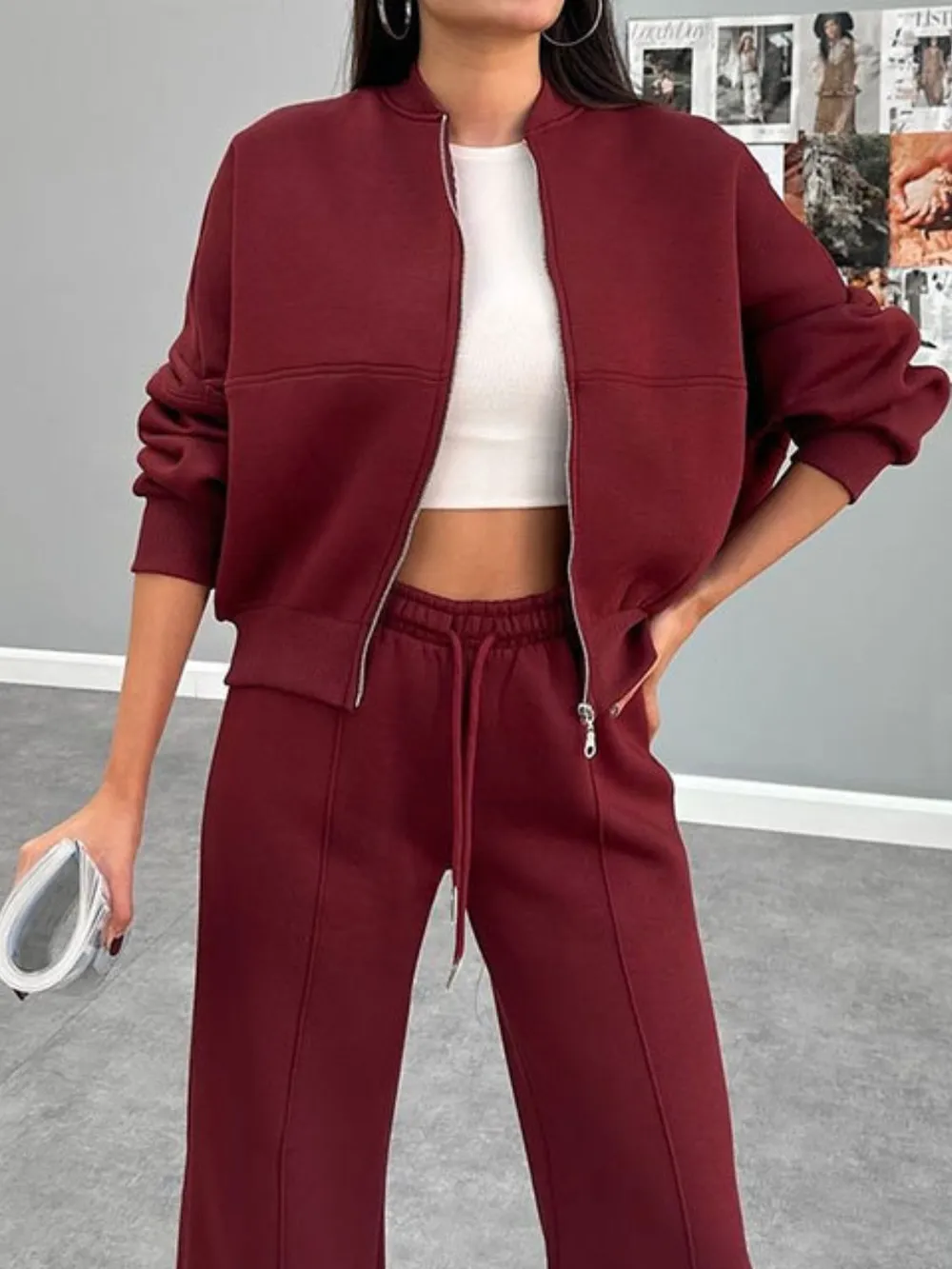 Baseball Collar Zip Up Top and Drawstring Paants Set, image 12