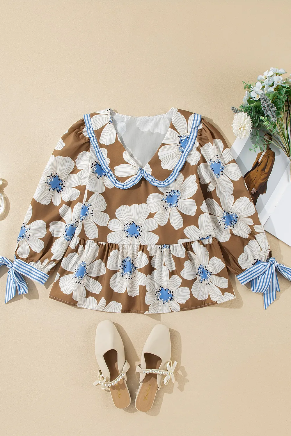 Floral Print Striped Tie Sleeve Blouse, image 3