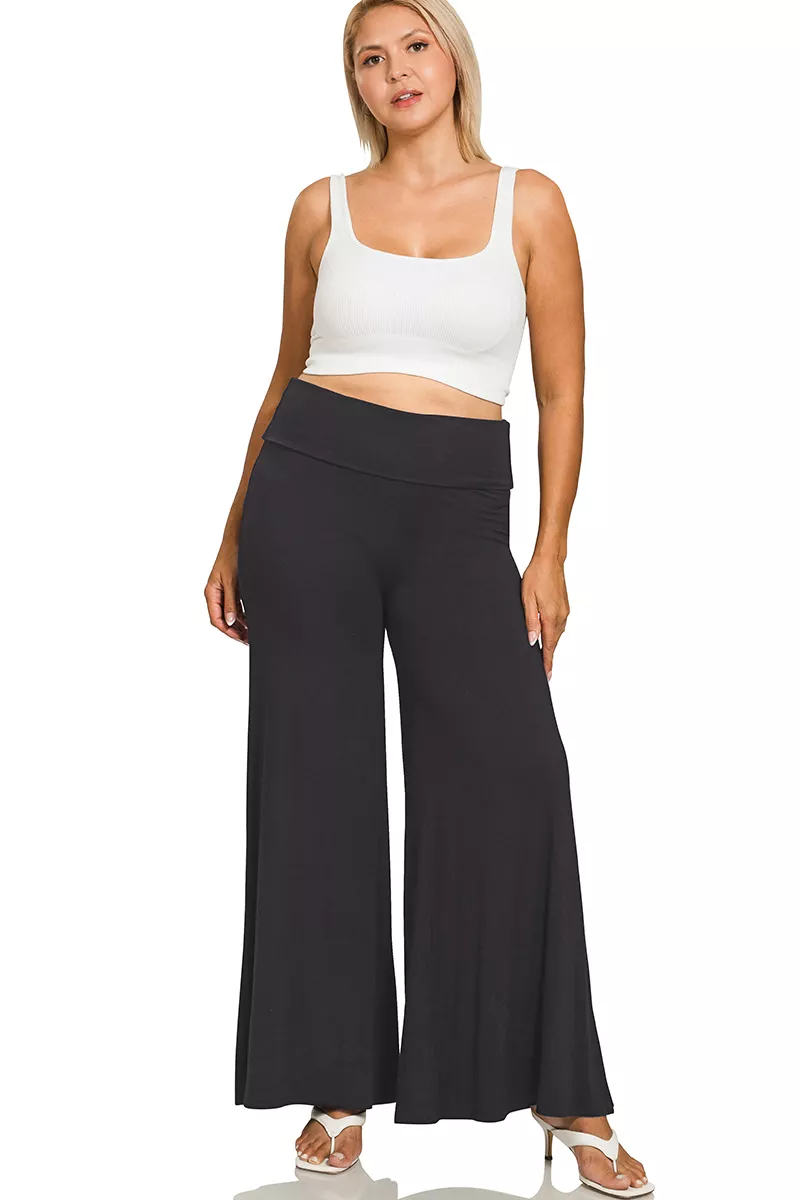Full Size Fold Over Waist Comfy Wide Leg Pants Plus Size, image 2