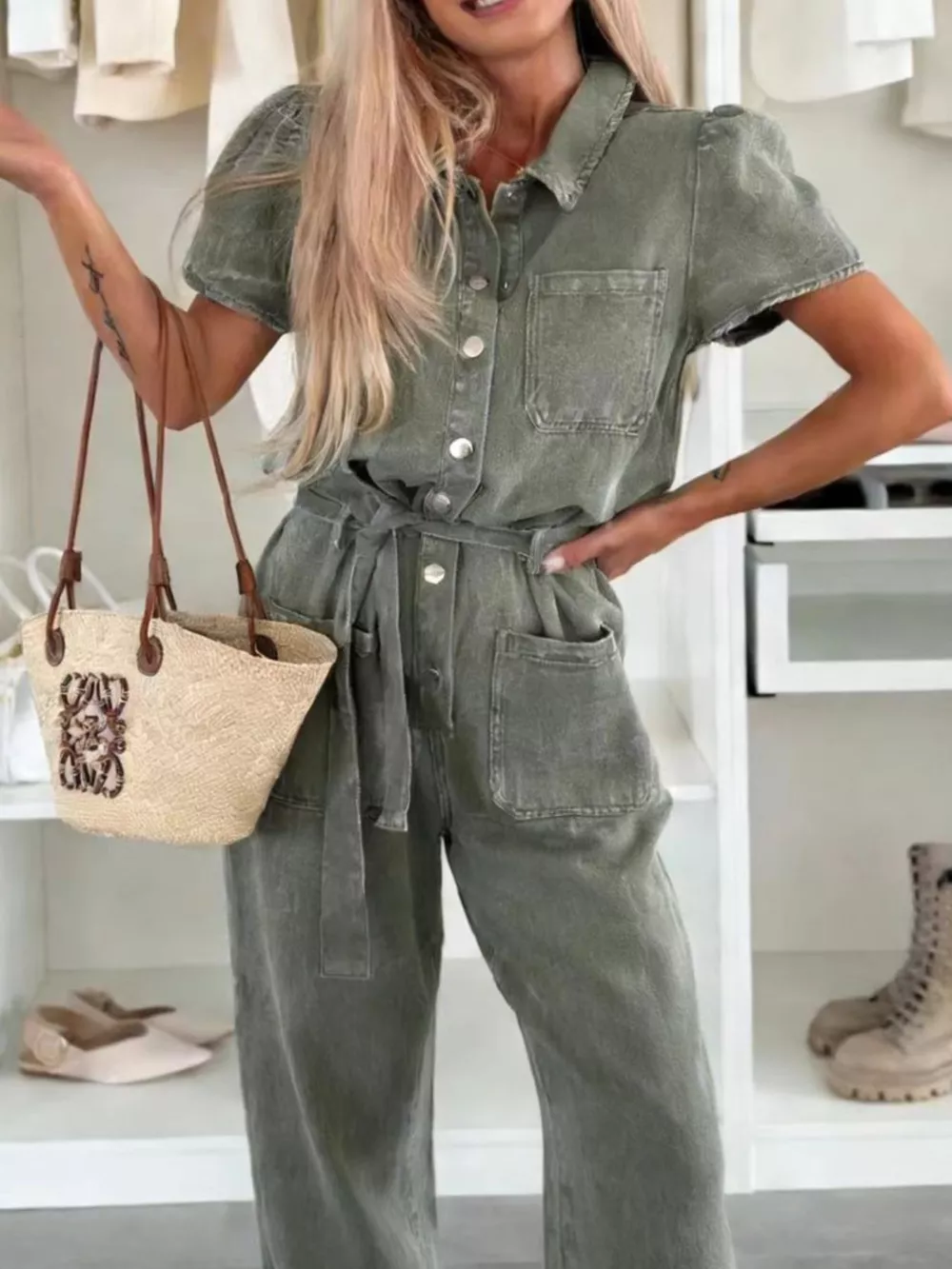 Vintage Wash Short Sleeve Denim Jumpsuit, image 10