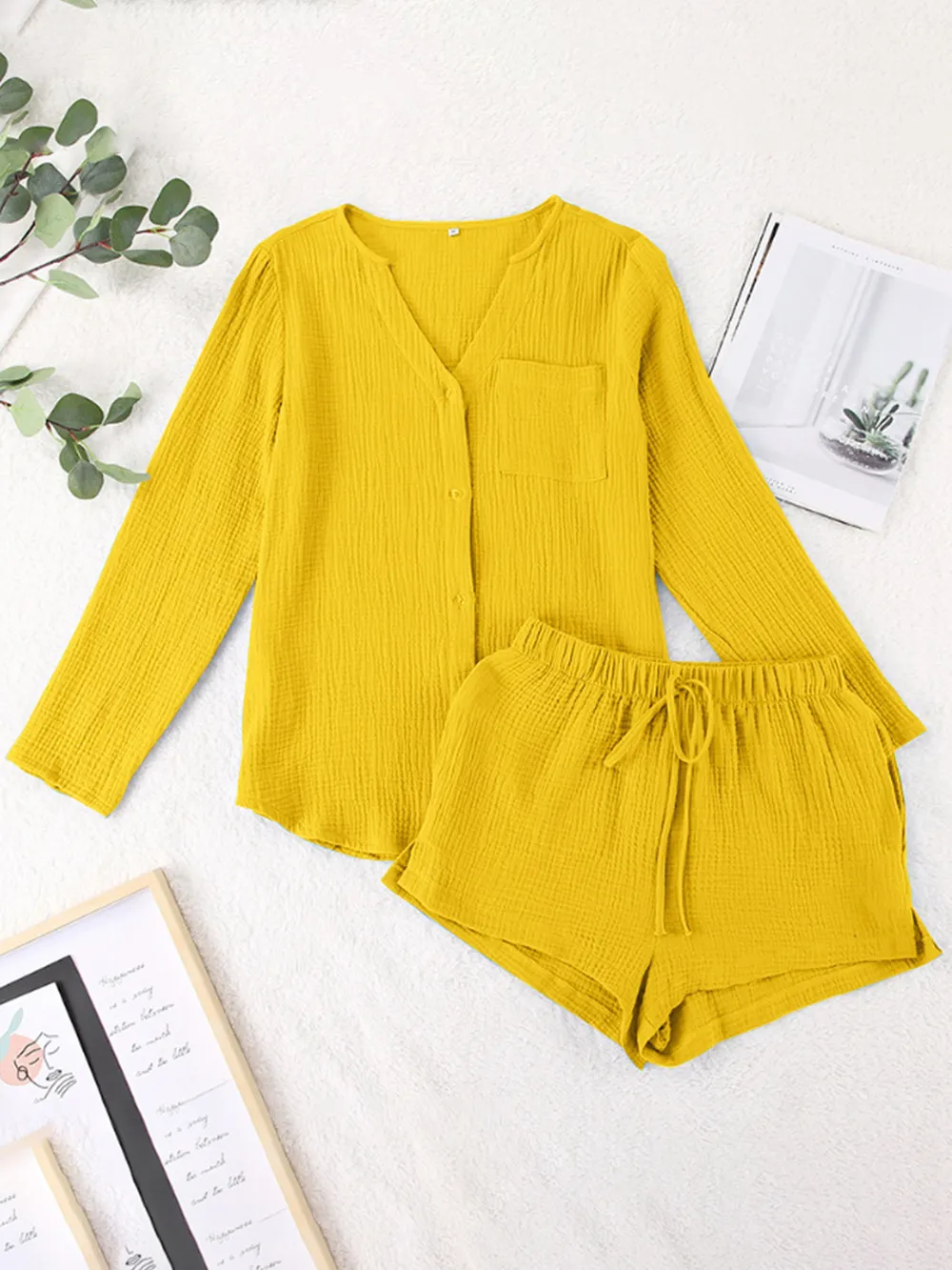 Notched Long Sleeve Top and Shorts Set, image 6