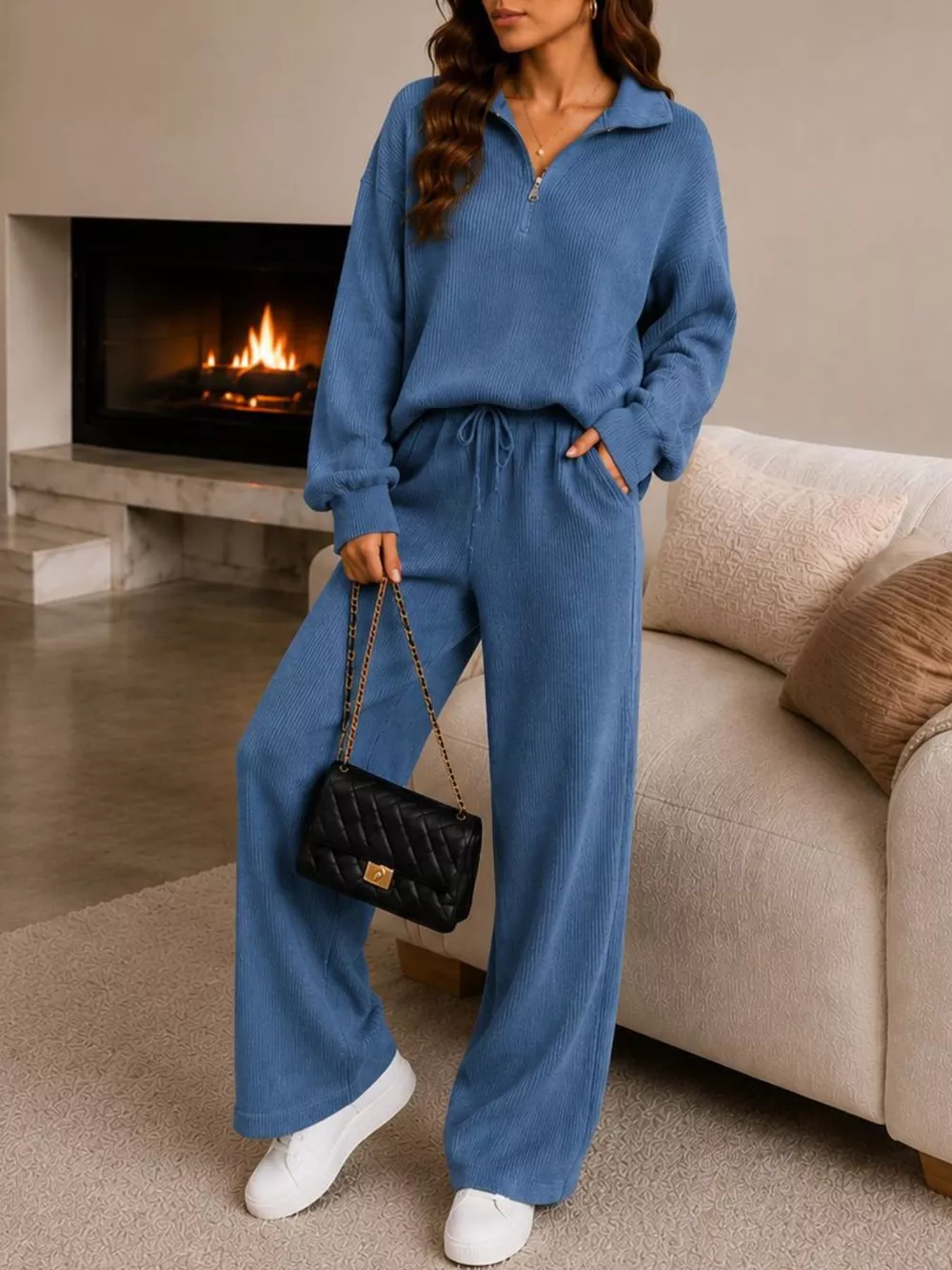 Cozy Ribbed Knit Quarter-Zip Top and Wide-Leg Set, image 3
