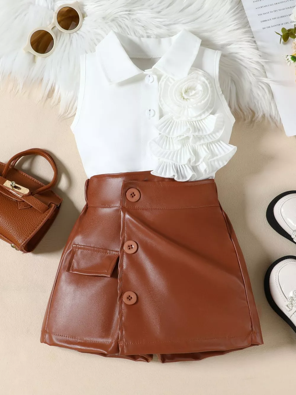 Children‘s Ruffle Decor Top & Button Detail Skort Set, image 7