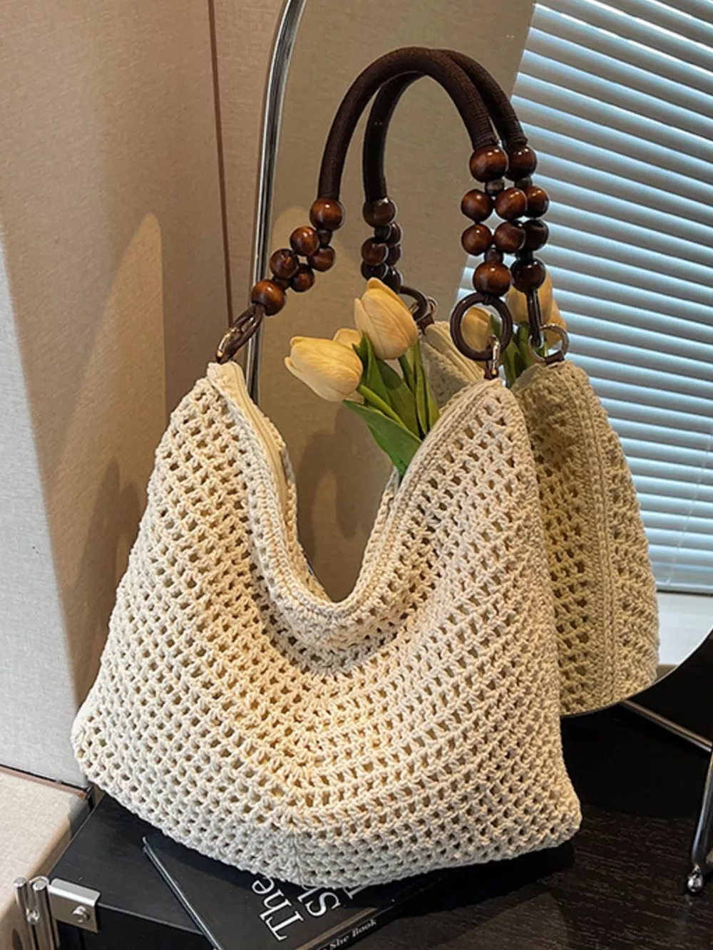 Knitted Shoulder Bag with Wooden Bead Handle, image 2