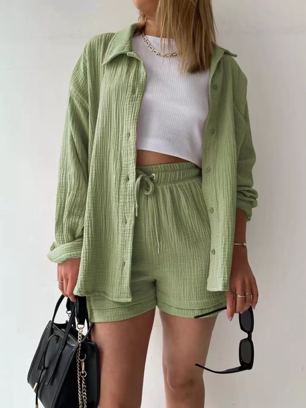 Texture Button Up Shirt and Drawstring Shorts Set, image 6