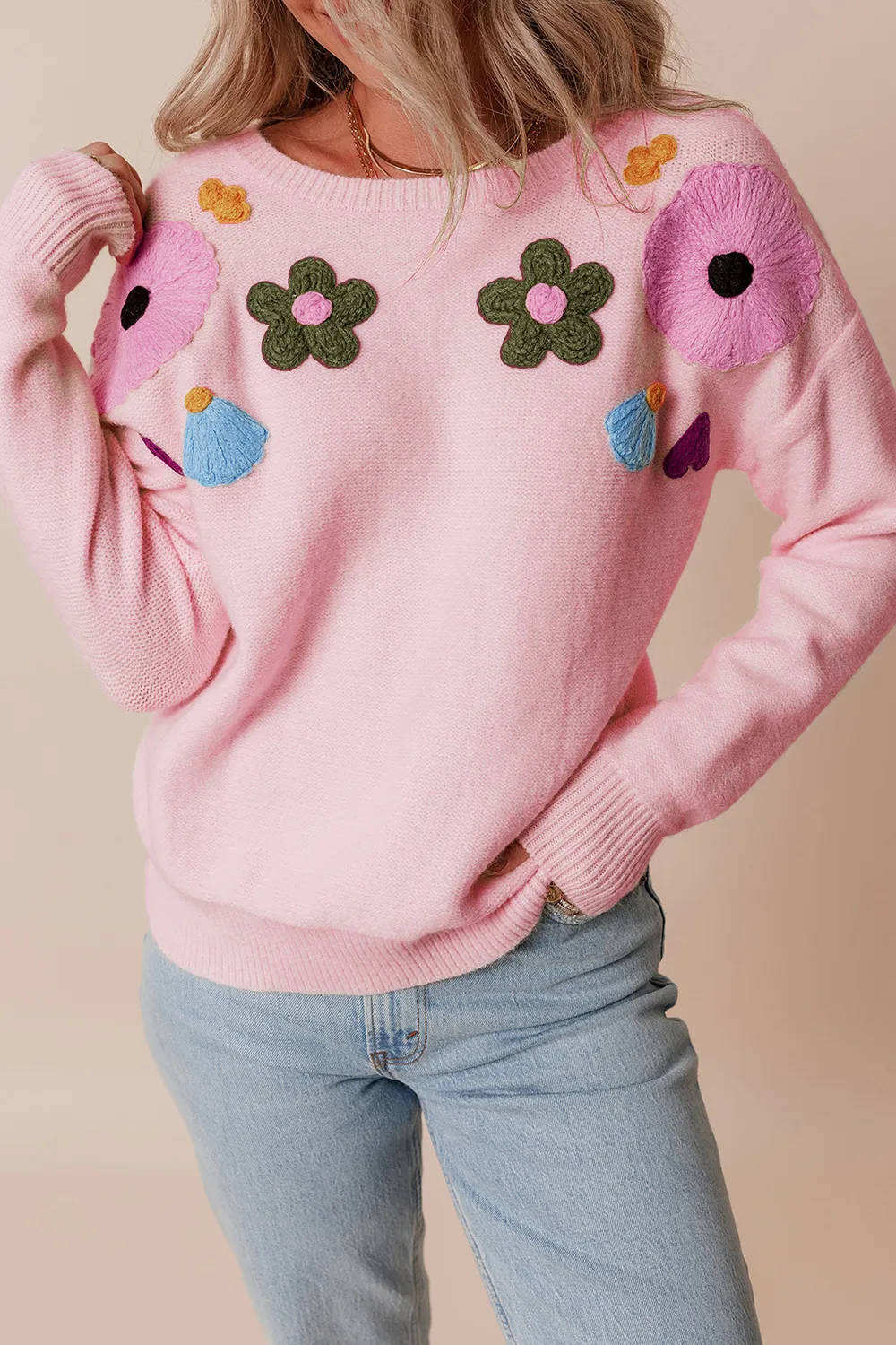 Crochet Flower Round Neck Dropped Shoulder Sweater, image 5
