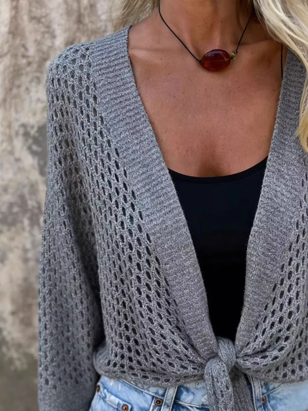 Tie-Front Crochet Knit Cover Up, image 4