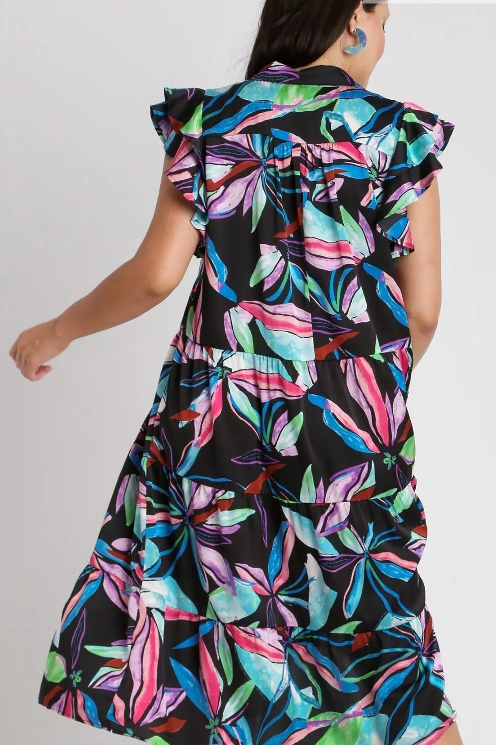 Full Size Leaf Print Double Layered Ruffle Sleeve Tiered Midi Dress Plus Size, image 2