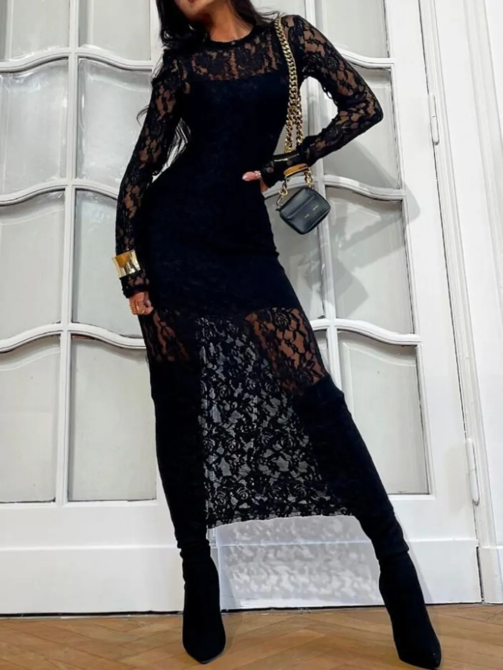 Lace Round Neck Long Sleeve Midi Dress, image 2