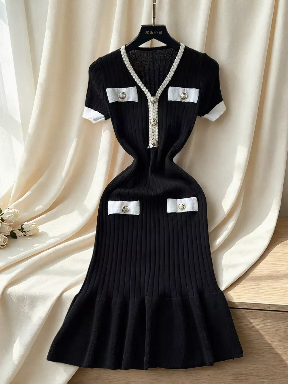 Ruffled Hem V-Neck Ribbed Knit Dress