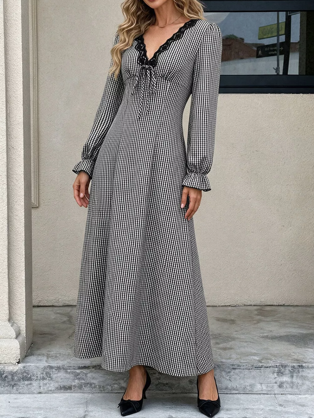 Gingham Lace-Trim V-Neck Long Sleeve A-Line Maxi Dress, image 2