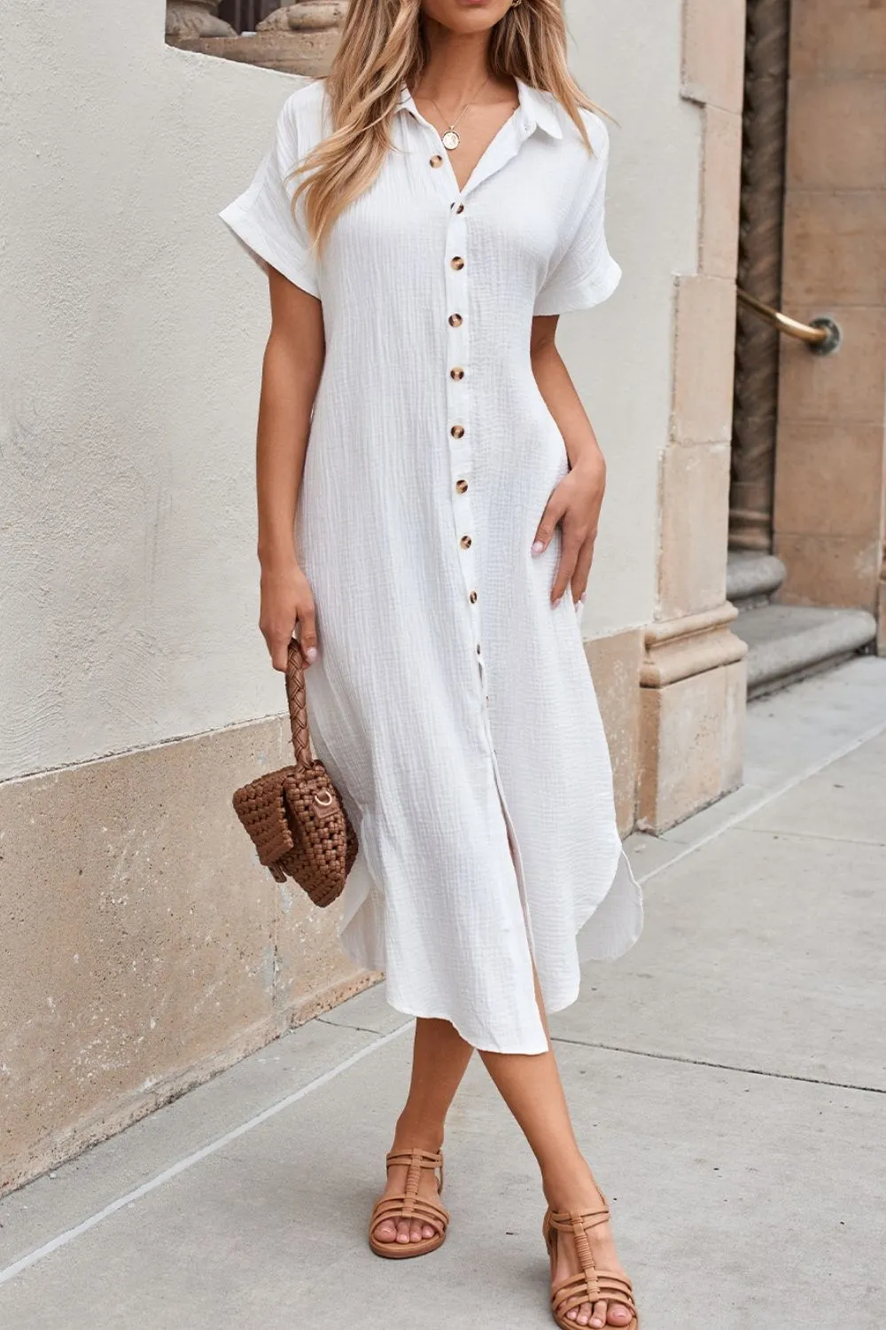 Button Down Short Sleeve Midi Shirt Dress, image 3