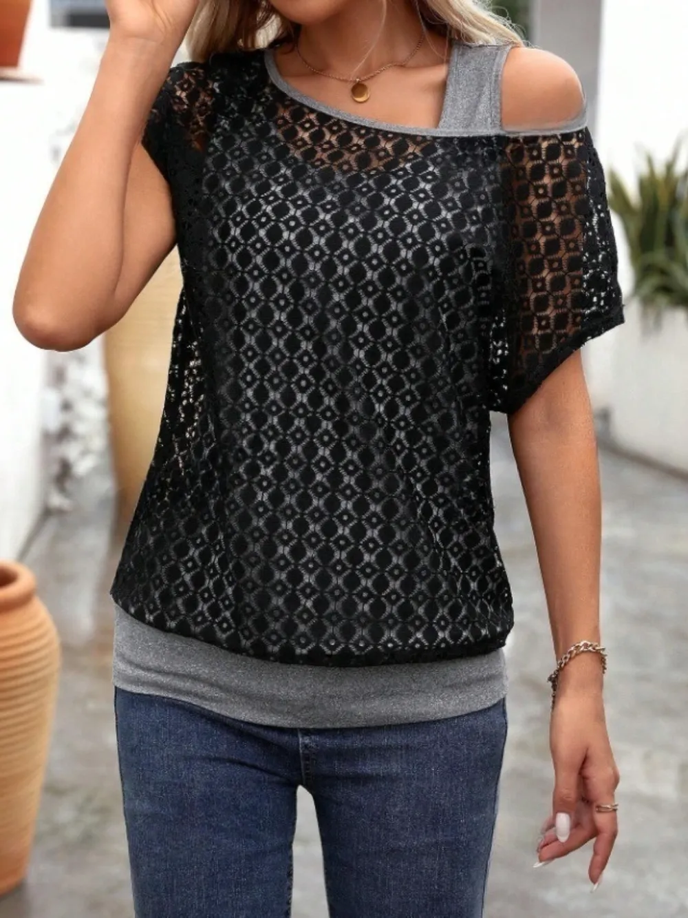 Lace Short Sleeve Fake Two Piece T-Shirt, image 4