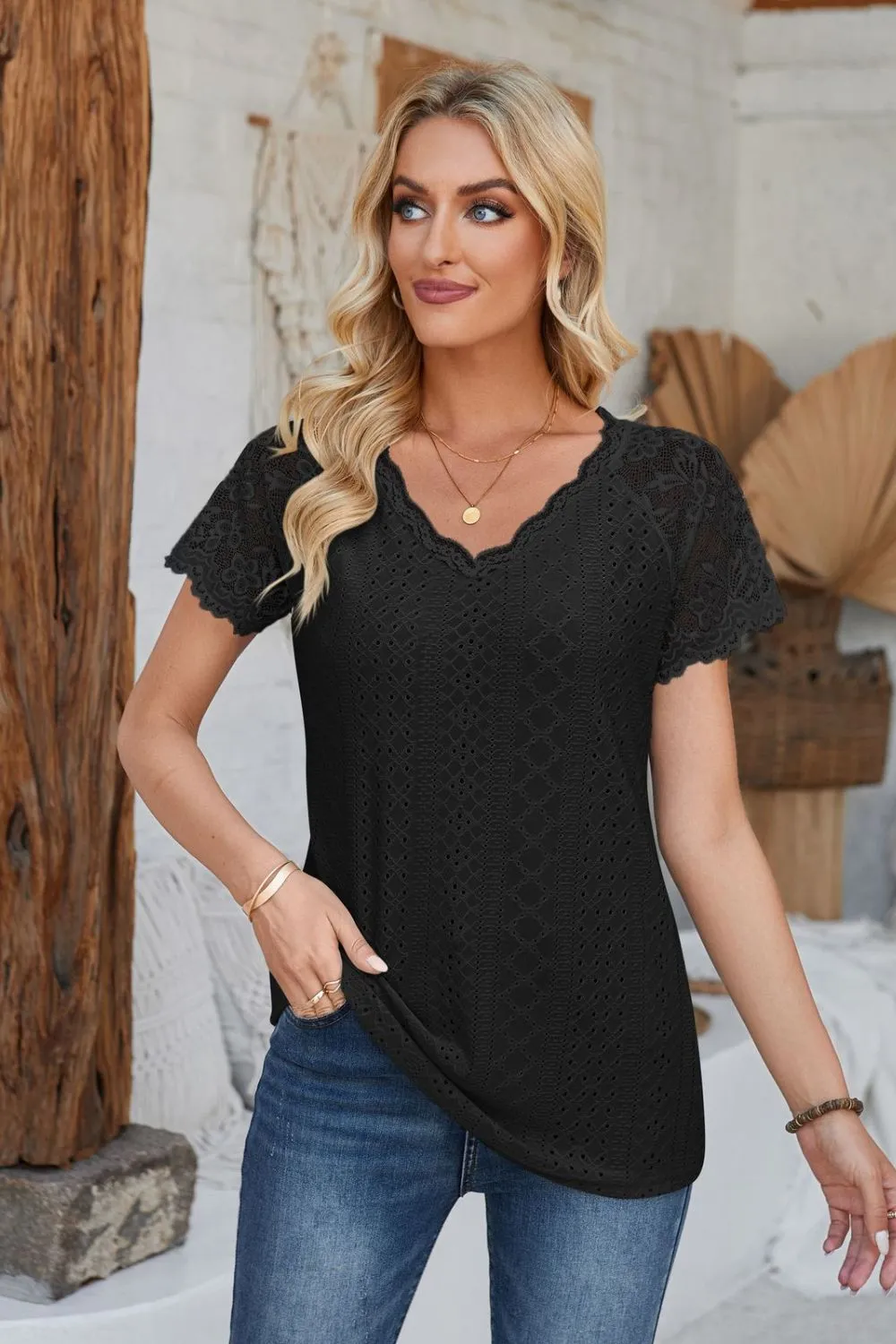 Eyelet V-Neck Lace Short Sleeve T-Shirt, image 4