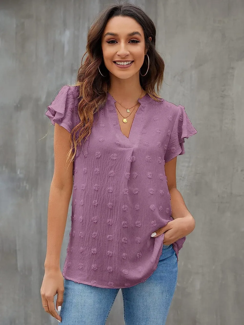 Swiss Dot Notched Cap Sleeve Blouse, image 28