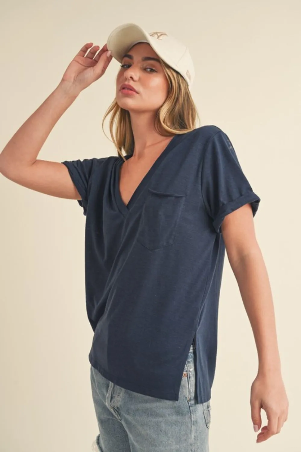 Side Slit V-Neck Short Rolled Sleeve T-Shirt, image 2